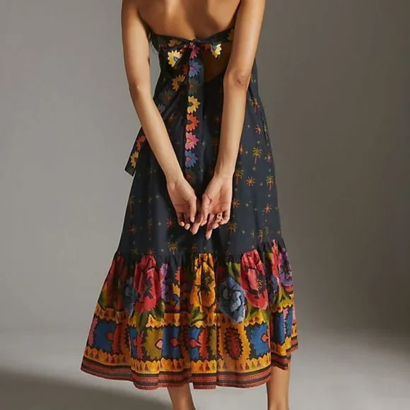 Farm Rio Anthropologie L NWT Embroidered Maxi Dress Black Embroidery 260$ Large - Picture 5 of 13